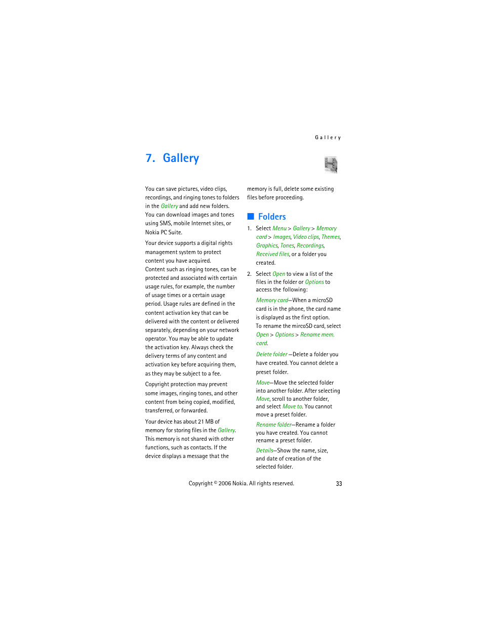 Gallery, Folders | Nokia 6275i User Manual | Page 43 / 101