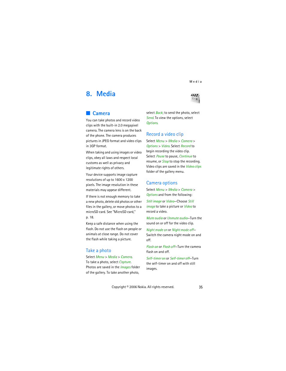 Media, Camera, Take a photo | Record a video clip, Camera options, Take a photo record a video clip camera options | Nokia 6275i User Manual | Page 45 / 101