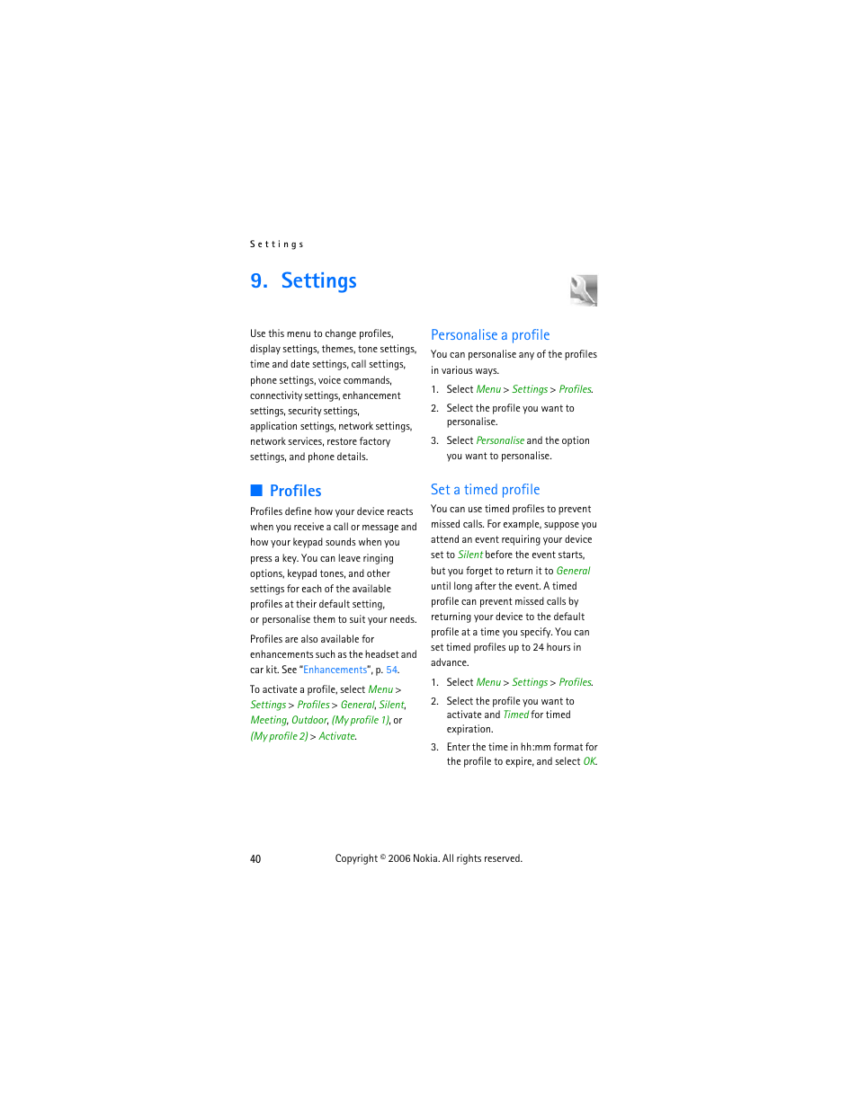 Settings, Profiles, Personalise a profile | Set a timed profile, Personalise a profile set a timed profile | Nokia 6275i User Manual | Page 50 / 101