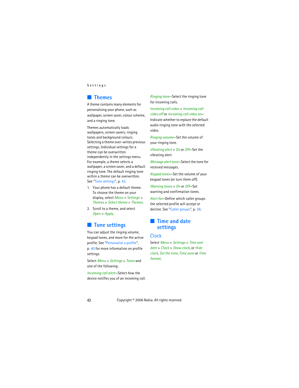 Themes, Tone settings, Time and date settings | Clock, Themes tone settings time and date settings | Nokia 6275i User Manual | Page 52 / 101