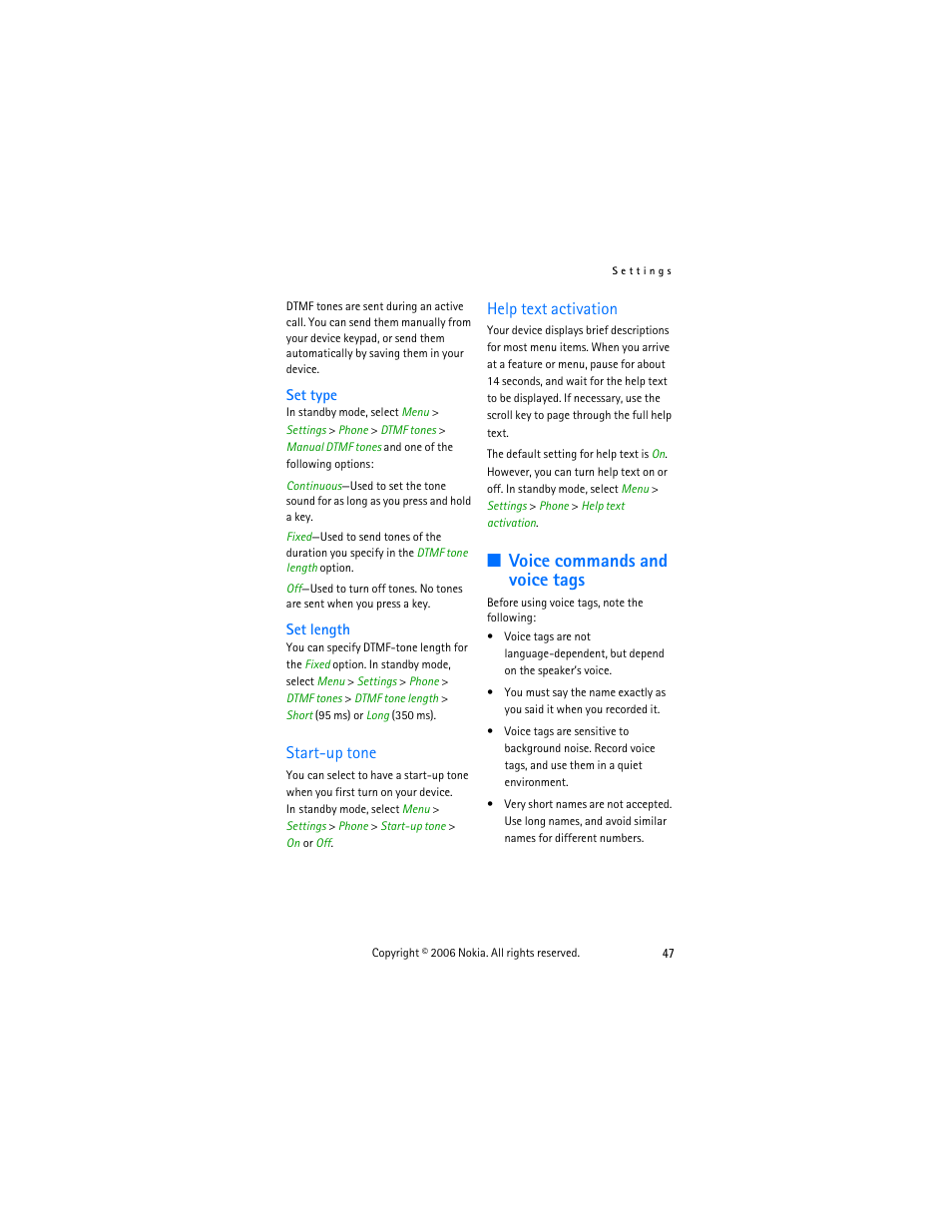 Set type, Set length, Start-up tone | Help text activation, Voice commands and voice tags, Start-up tone help text activation | Nokia 6275i User Manual | Page 57 / 101