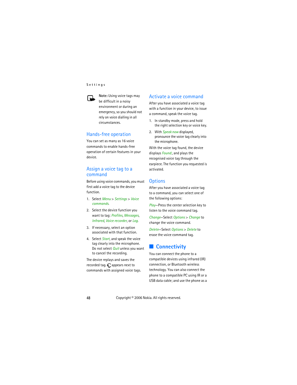 Hands-free operation, Assign a voice tag to a command, Connectivity | Activate a voice command, Options | Nokia 6275i User Manual | Page 58 / 101