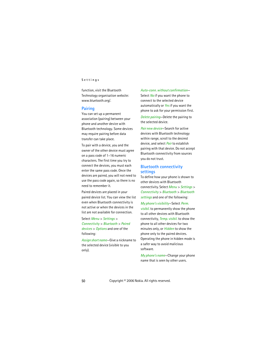 Pairing, Bluetooth connectivity settings | Nokia 6275i User Manual | Page 60 / 101