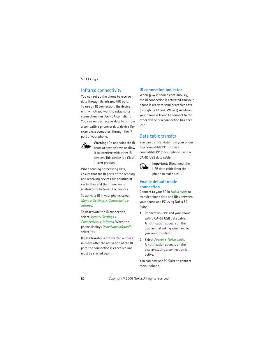 Infrared connectivity, Ir connection indicator, Data cable transfer | Enable default mode connection, Infrared connectivity data cable transfer | Nokia 6275i User Manual | Page 62 / 101