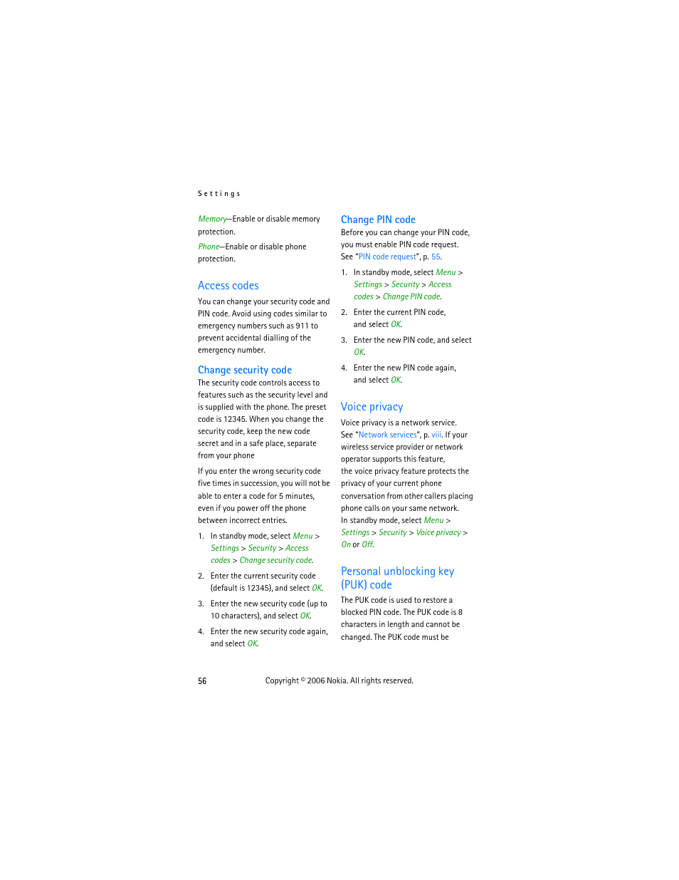 Access codes, Change security code, Change pin code | Voice privacy, Personal unblocking key (puk) code, Personal unblocking key (puk), Code | Nokia 6275i User Manual | Page 66 / 101
