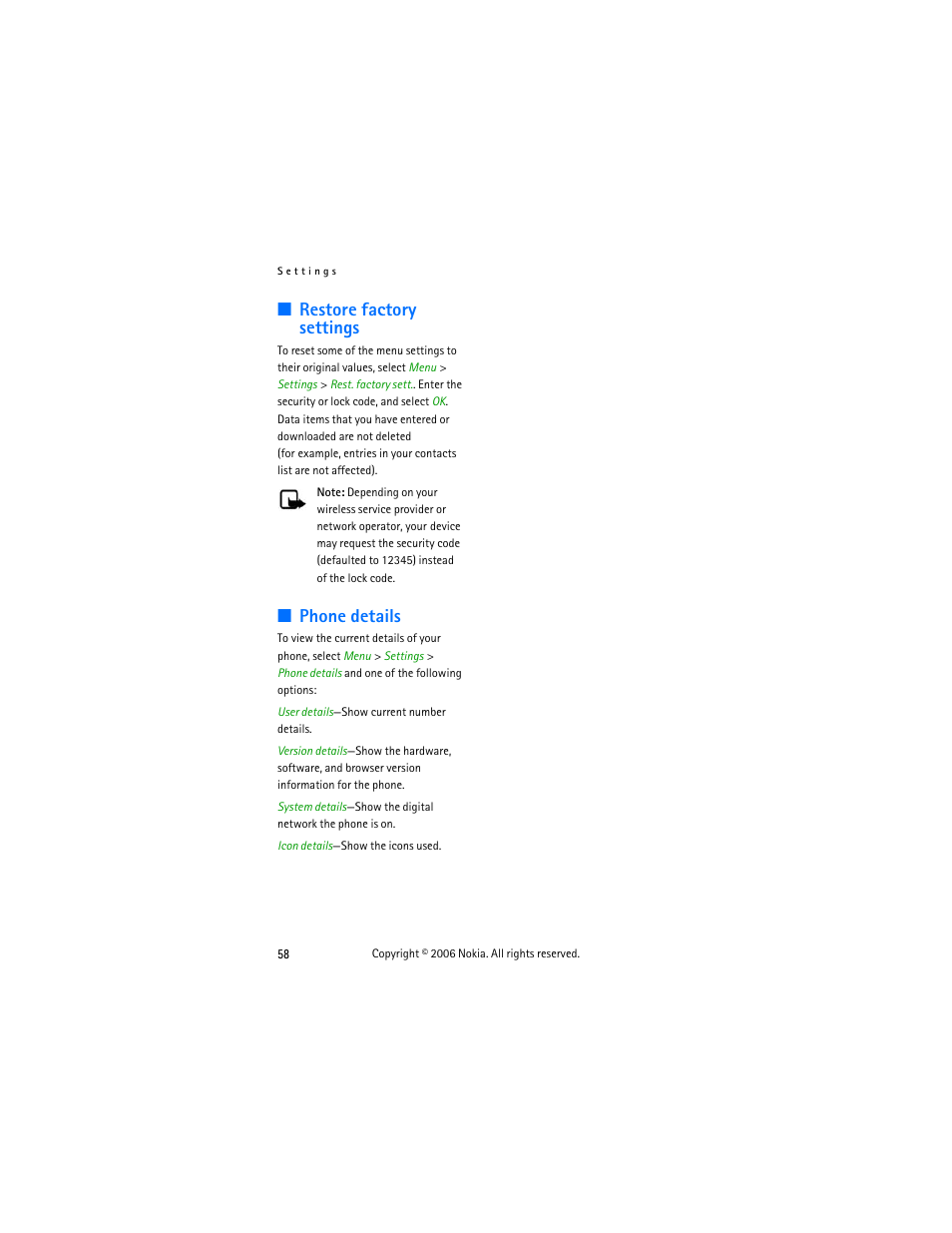 Restore factory settings, Phone details, Restore factory settings phone details | Nokia 6275i User Manual | Page 68 / 101