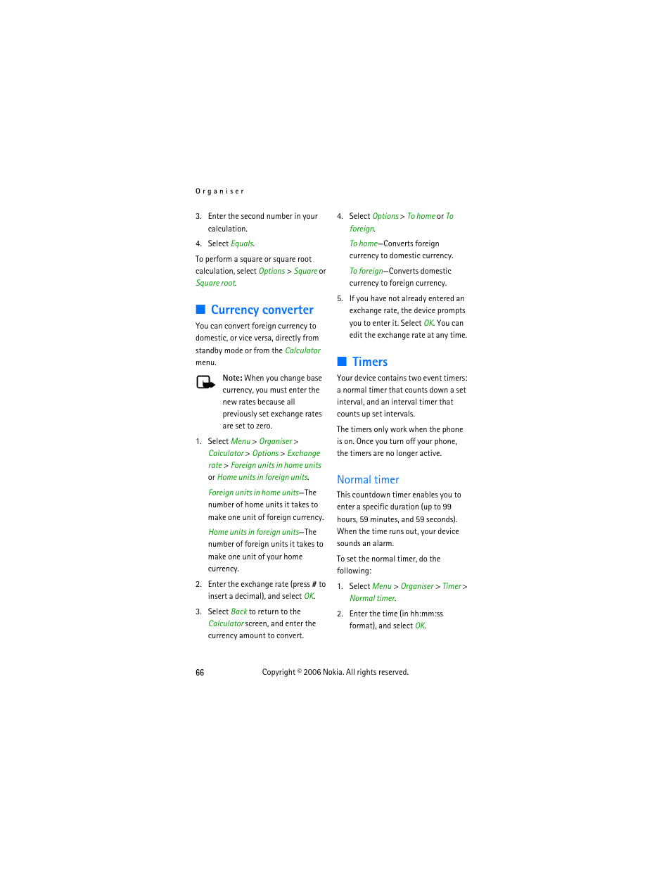 Currency converter, Timers, Normal timer | Currency converter timers | Nokia 6275i User Manual | Page 76 / 101