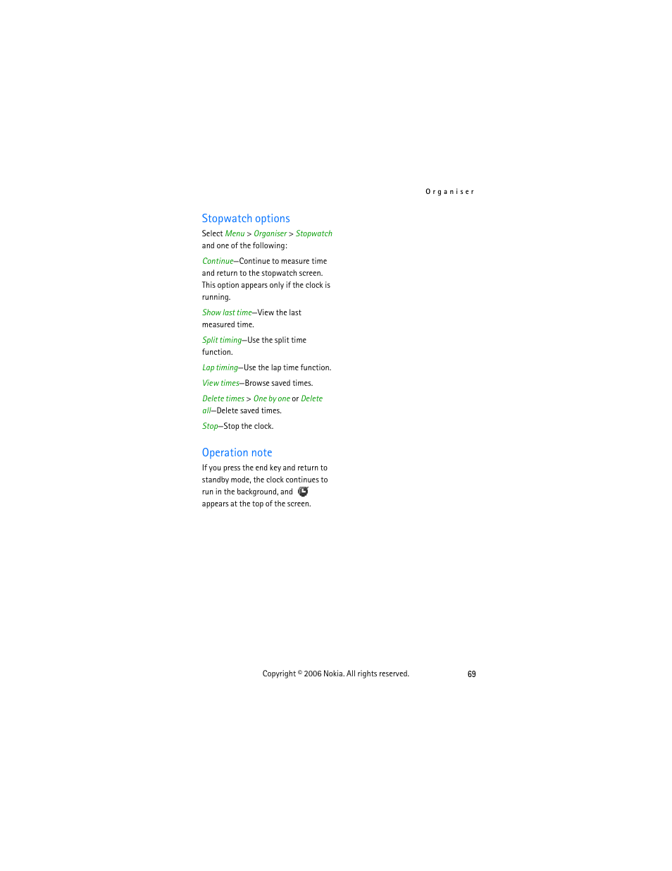 Stopwatch options, Operation note, Stopwatch options operation note | Nokia 6275i User Manual | Page 79 / 101