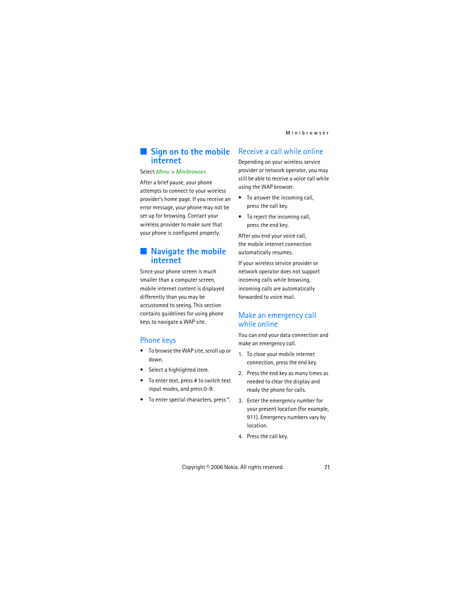 Sign on to the mobile internet, Navigate the mobile internet, Phone keys | Receive a call while online, Make an emergency call while online | Nokia 6275i User Manual | Page 81 / 101