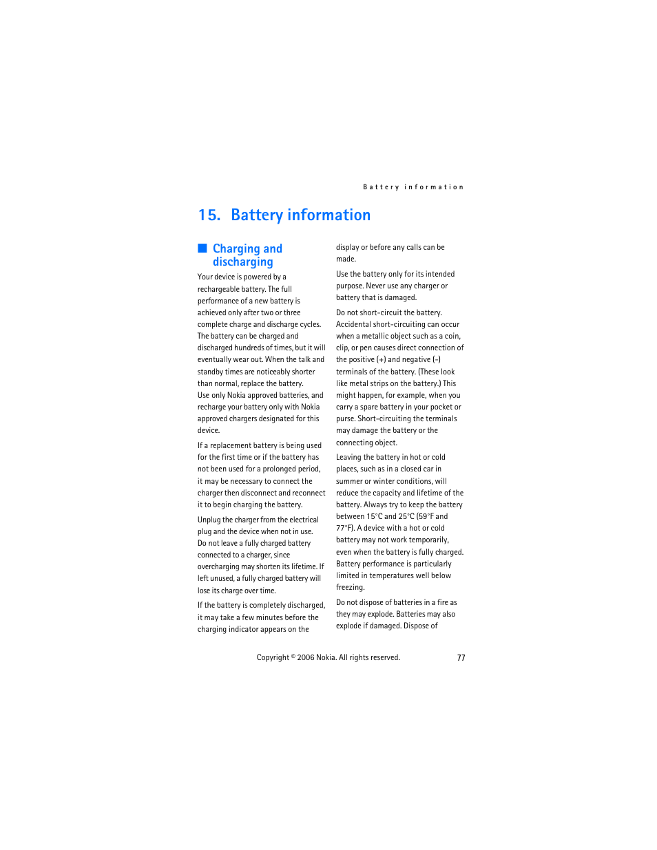 Battery information, Charging and discharging | Nokia 6275i User Manual | Page 87 / 101