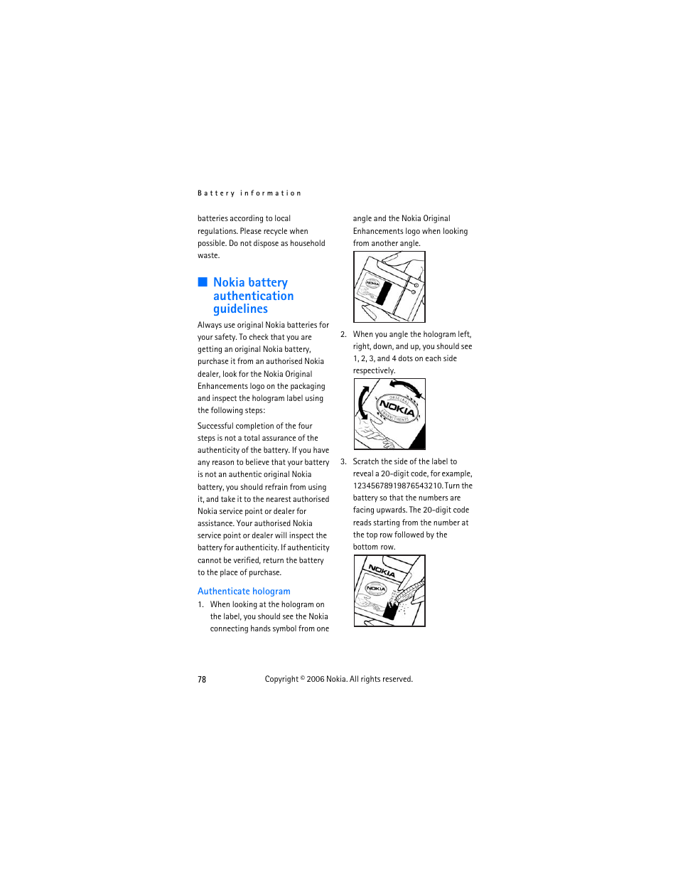 Nokia battery authentication guidelines, Nokia battery authentication, Guidelines | Nokia 6275i User Manual | Page 88 / 101