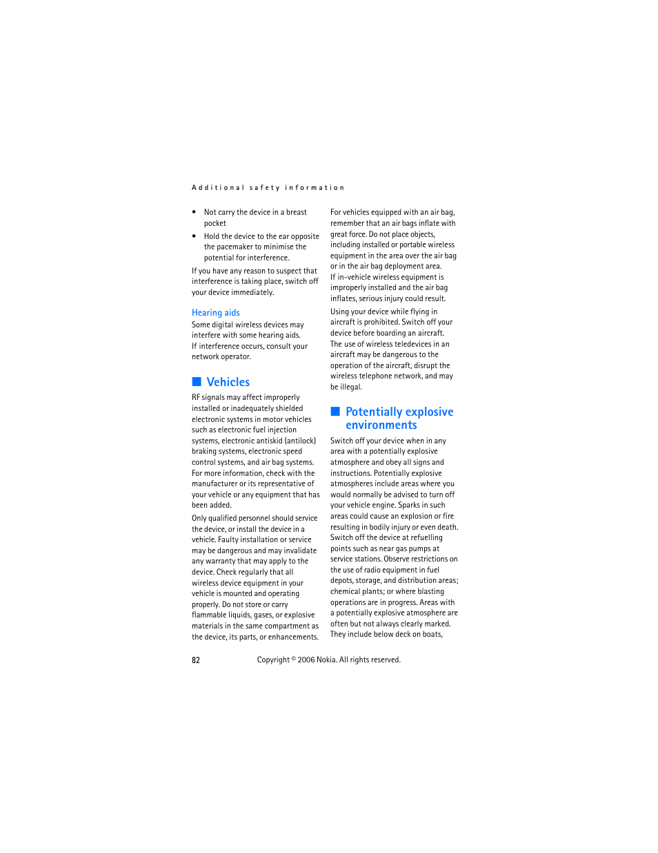 Vehicles, Potentially explosive environments, Vehicles potentially explosive environments 82 | Nokia 6275i User Manual | Page 92 / 101