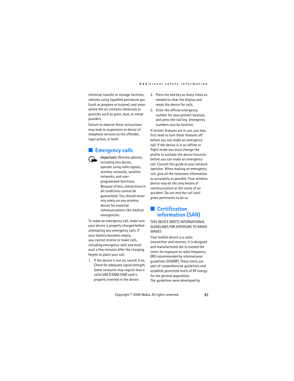 Emergency calls, Certification information (sar), Emergency calls certification information (sar) | Nokia 6275i User Manual | Page 93 / 101