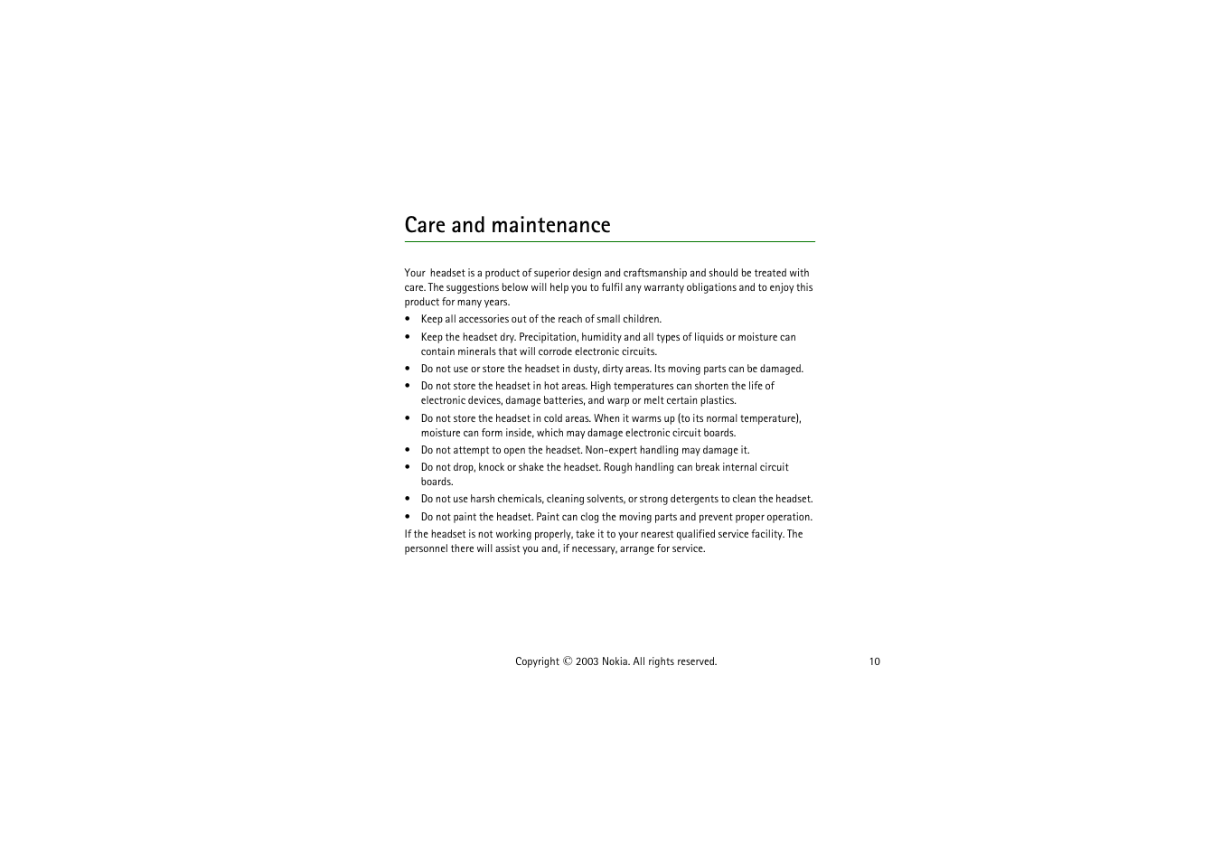 Care and maintenance | Nokia HS-2R User Manual | Page 10 / 10