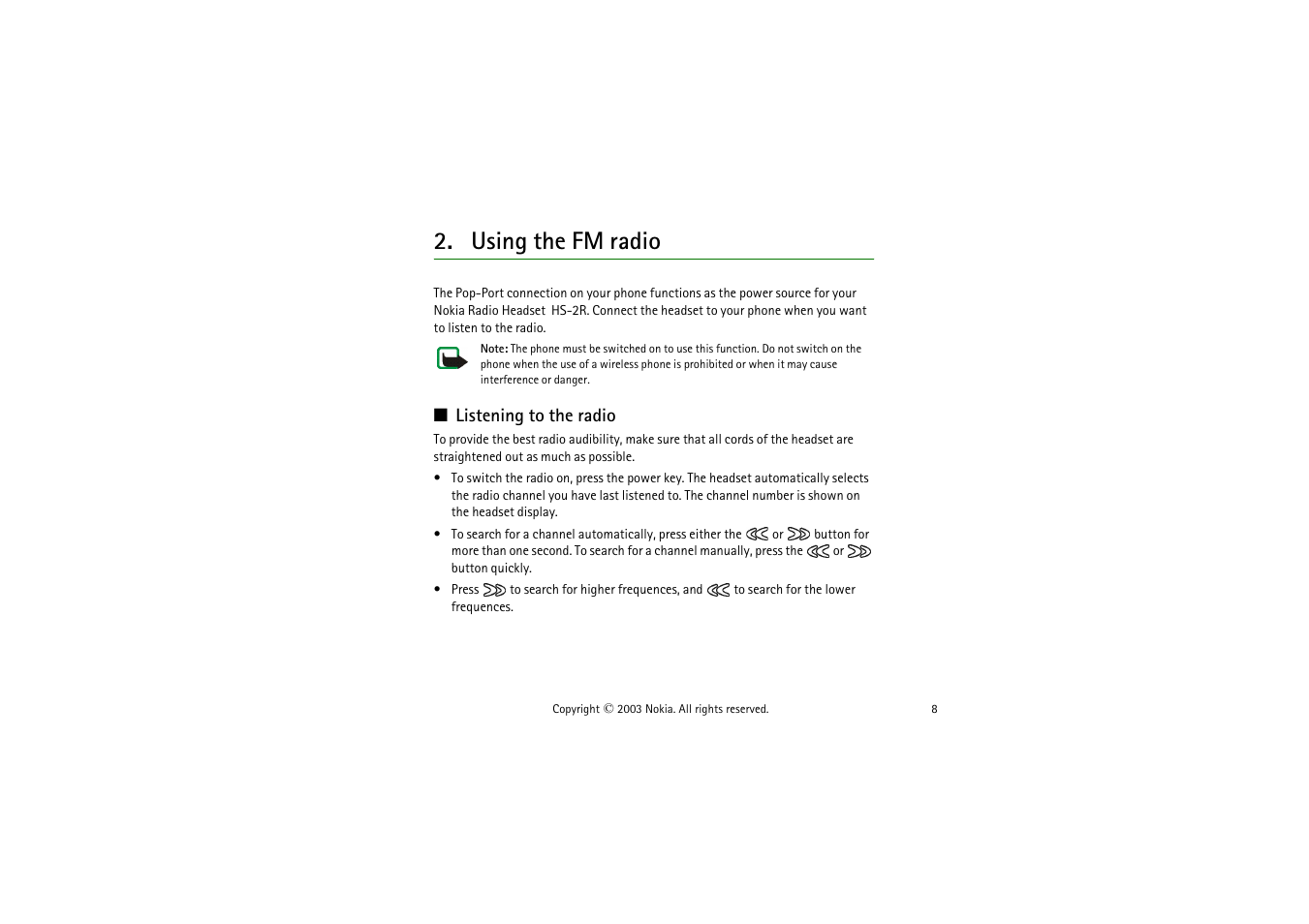 Using the fm radio, Listening to the radio | Nokia HS-2R User Manual | Page 8 / 10