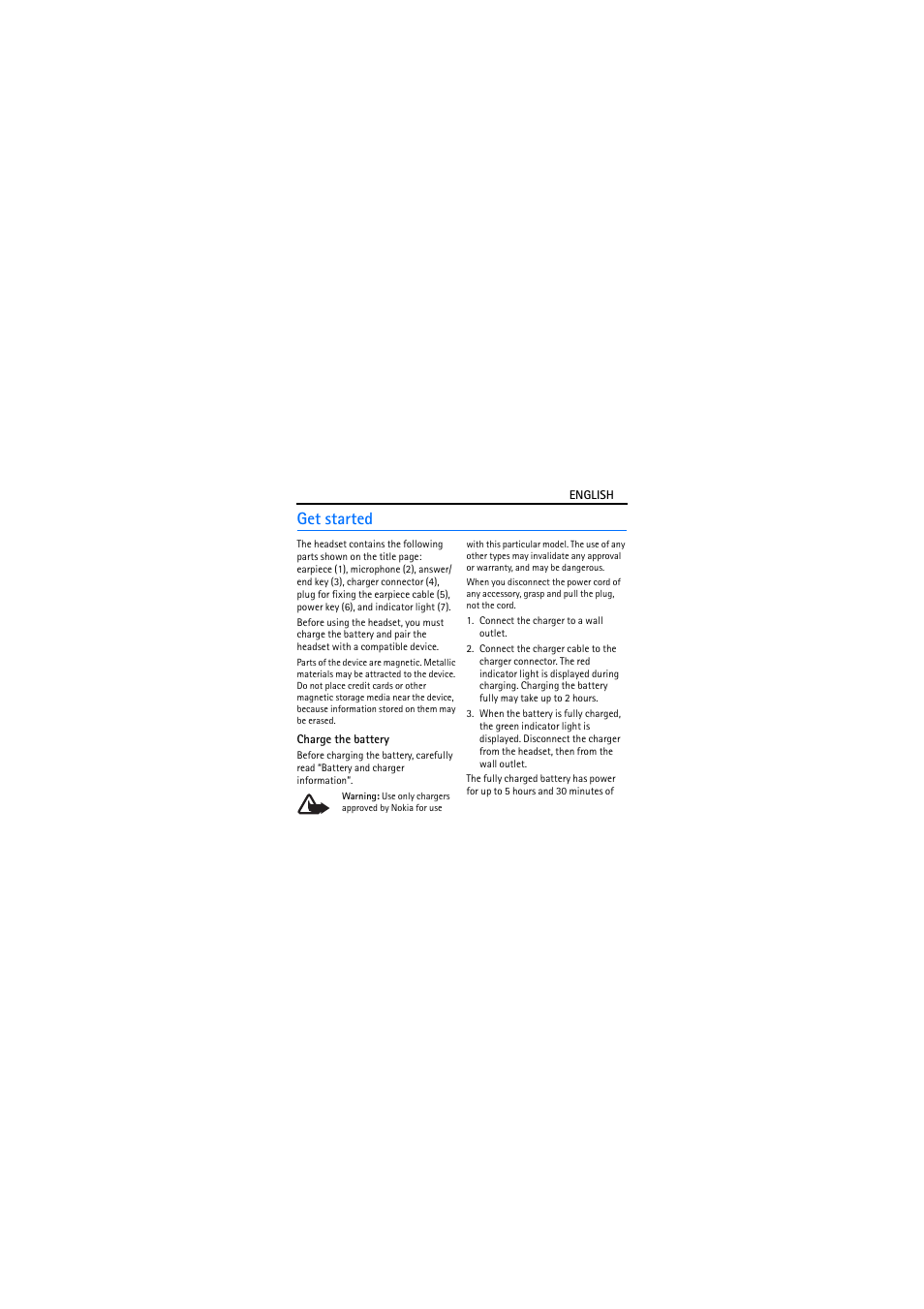 Get started, Charge the battery | Nokia BH-106 User Manual | Page 4 / 10