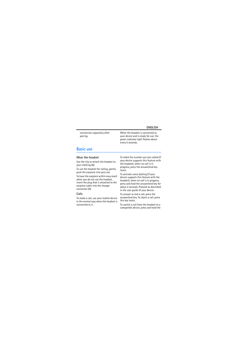 Basic use, Wear the headset, Calls | Nokia BH-106 User Manual | Page 6 / 10