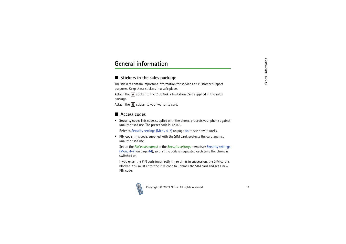 General information, Stickers in the sales package, Access codes | Stickers in the sales package access codes | Nokia 2100 User Manual | Page 11 / 63