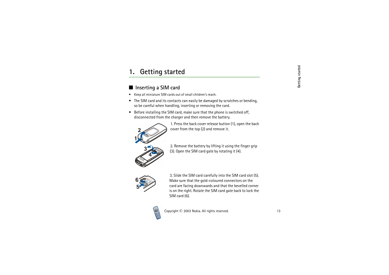 Getting started, Inserting a sim card | Nokia 2100 User Manual | Page 13 / 63