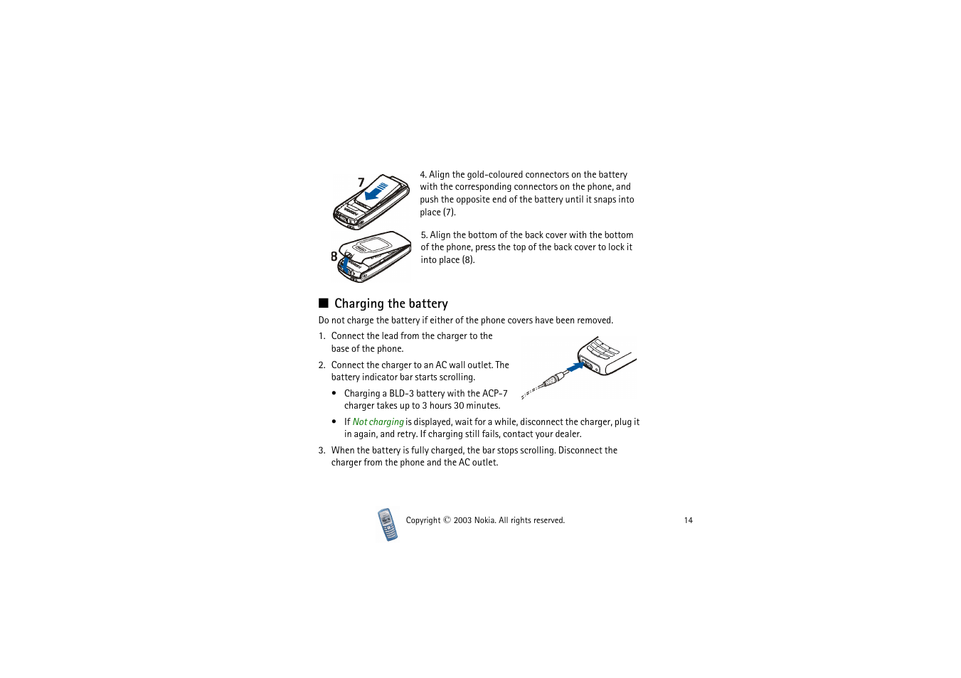 Charging the battery | Nokia 2100 User Manual | Page 14 / 63