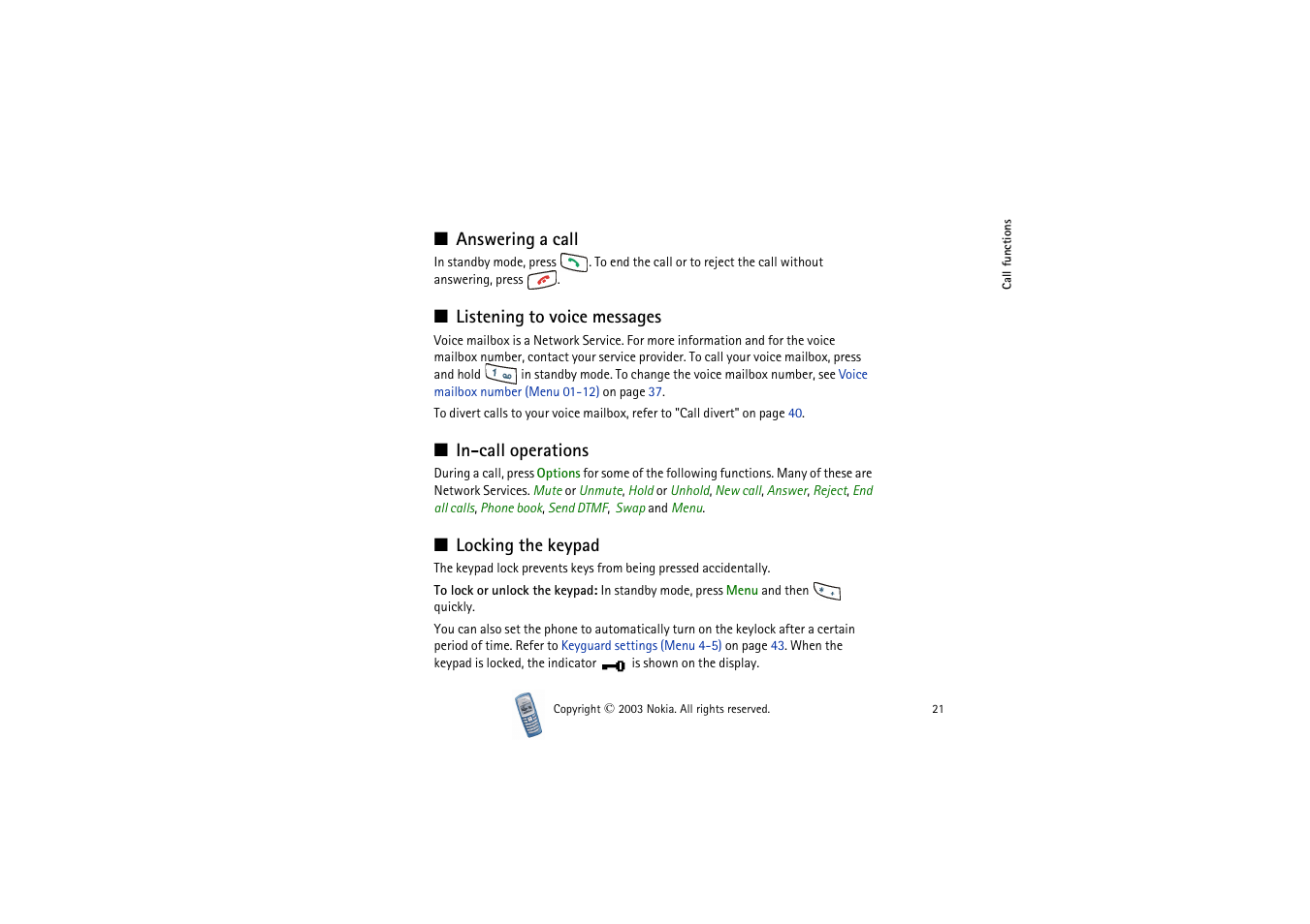 Answering a call, Voice message:listening to, In-call operations | Locking the keypad | Nokia 2100 User Manual | Page 21 / 63