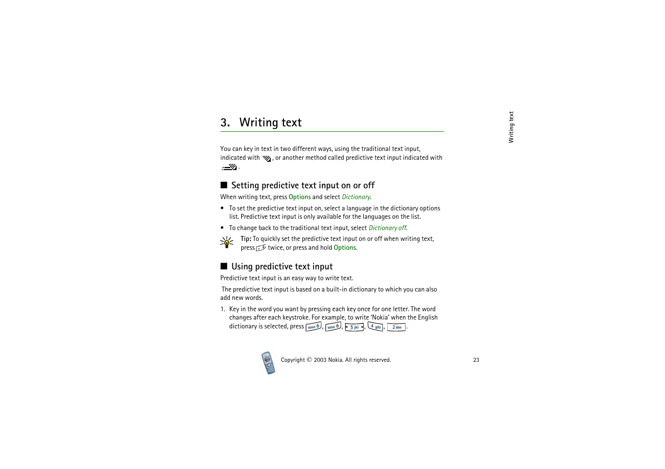 Writing text, Setting predictive text input on or off, Using predictive text input | Call register (menu 2) | Nokia 2100 User Manual | Page 23 / 63