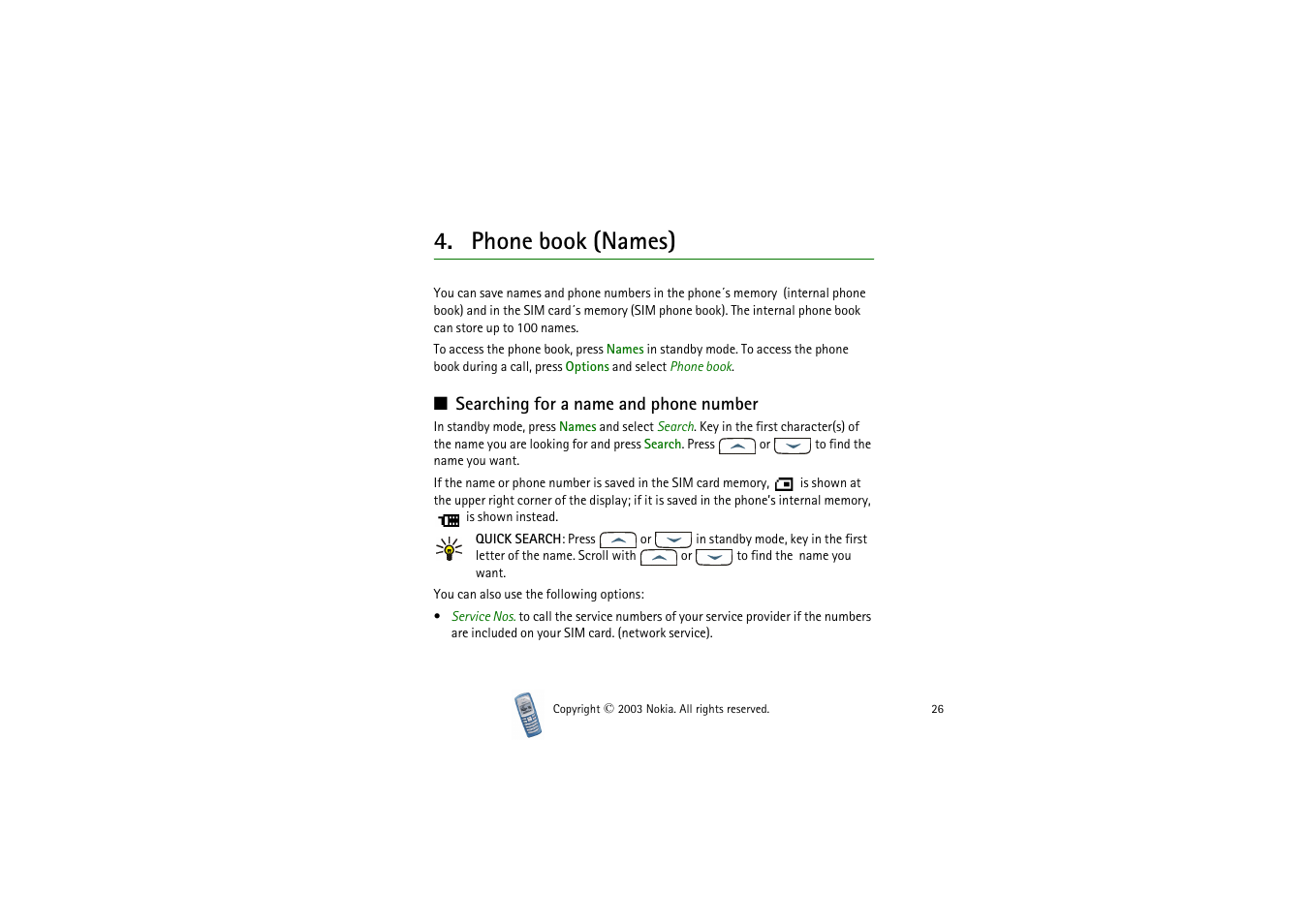 Phone book, Searching for a name and phone number, Phone book (names) | Nokia 2100 User Manual | Page 26 / 63