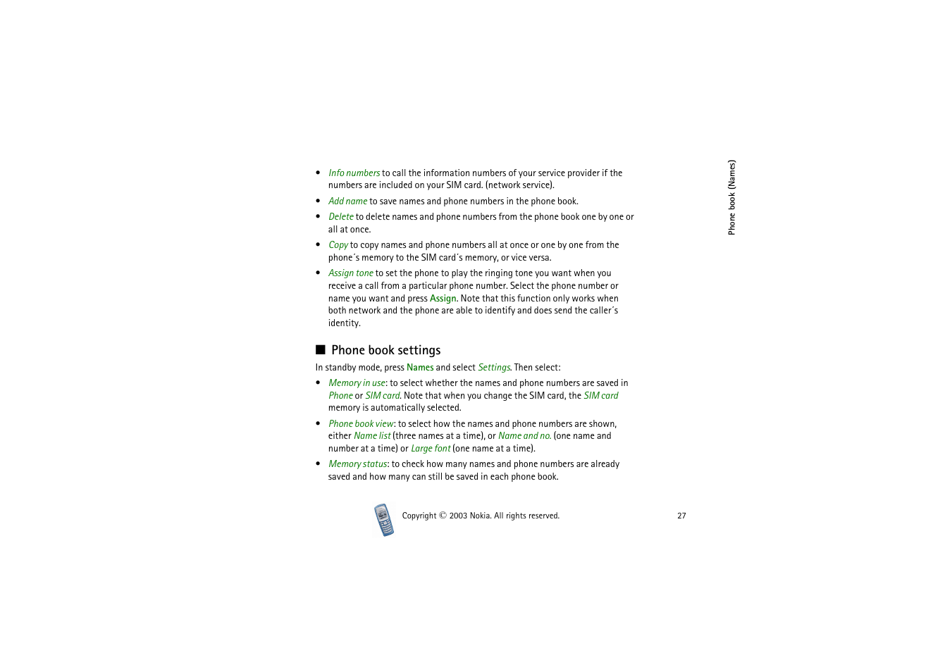 Phone book settings | Nokia 2100 User Manual | Page 27 / 63