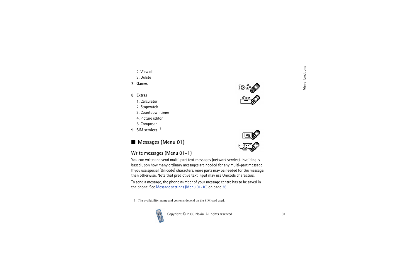 Messages, Write messages (menu 01-1), Messages (menu 01) | Nokia 2100 User Manual | Page 31 / 63