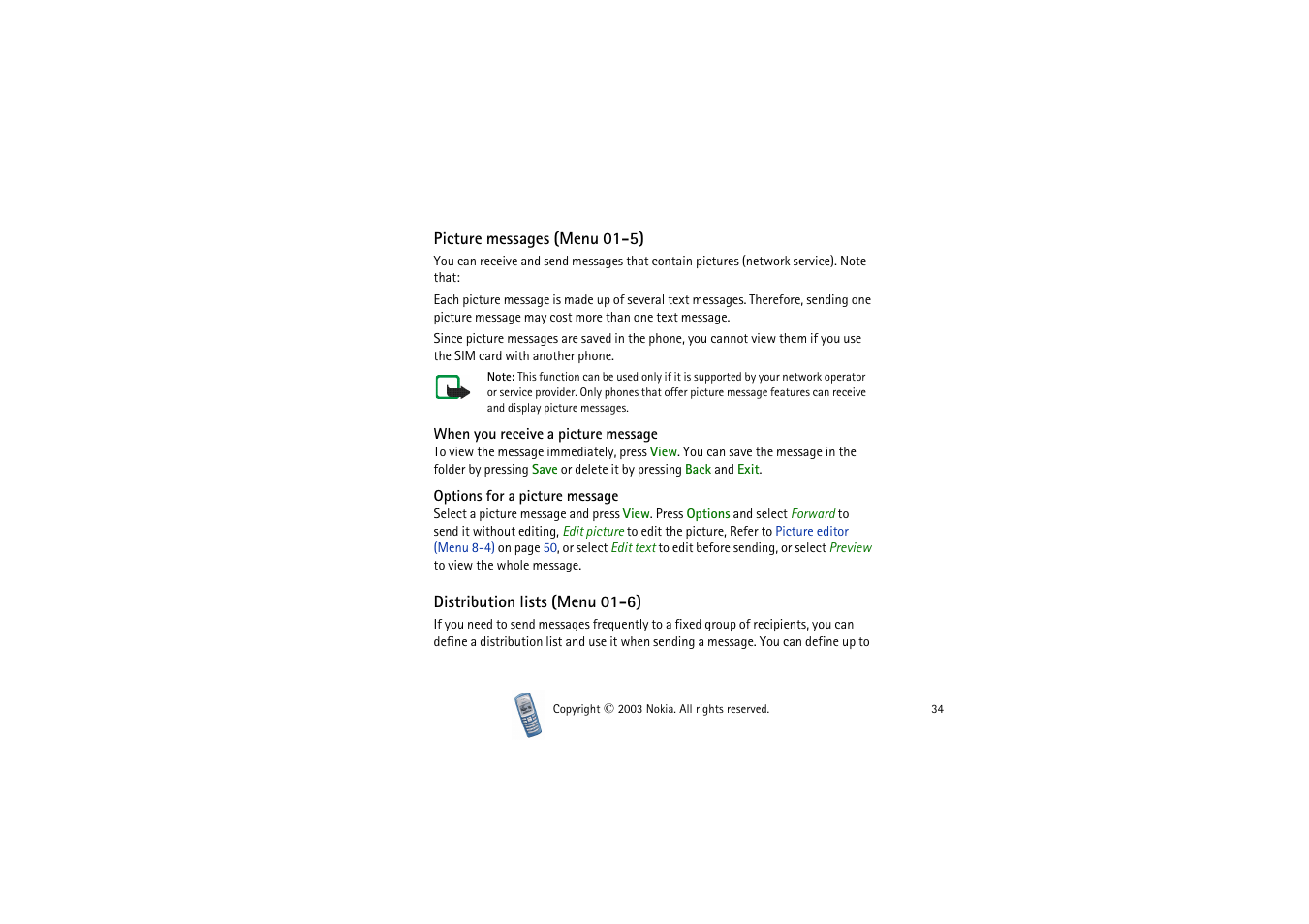 Picture messages, When you receive a picture message, Options for a picture message | Distribution lists (menu 01-6), Picture messages (menu 01-5), Distribution lists, see, Distribution lists (menu | Nokia 2100 User Manual | Page 34 / 63