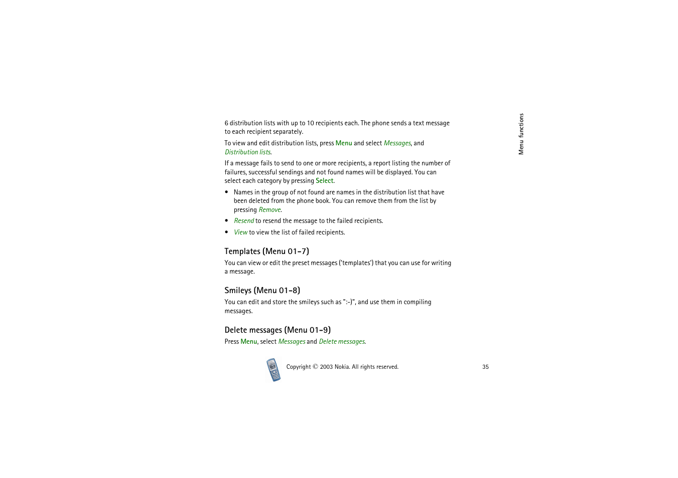 Templates, Smileys, Delete messages | Nokia 2100 User Manual | Page 35 / 63