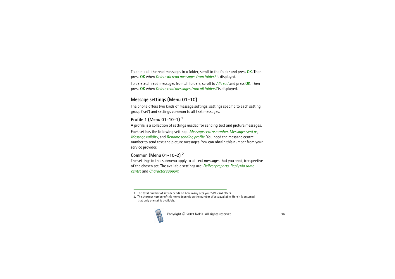 Message settings, Profile, Common | Message settings (menu 01-10), Profile 1 (menu 01-10-1) common (menu 01-10-2), The phone. see | Nokia 2100 User Manual | Page 36 / 63