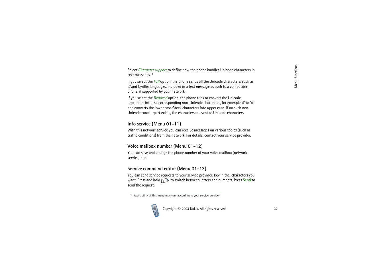 Info service, Voice mailbox number, Service command editor | Voice, Mailbox number (menu 01-12) | Nokia 2100 User Manual | Page 37 / 63