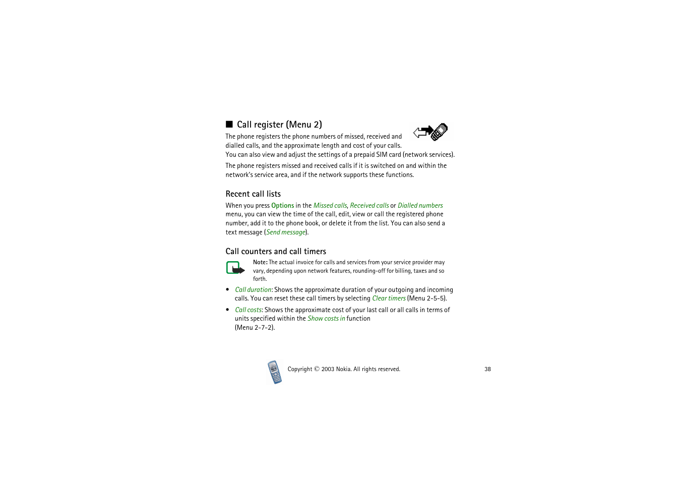 Call register, Recent call lists, Call counters and call timers | Recent call lists call counters and call timers, Drawing options | Nokia 2100 User Manual | Page 38 / 63