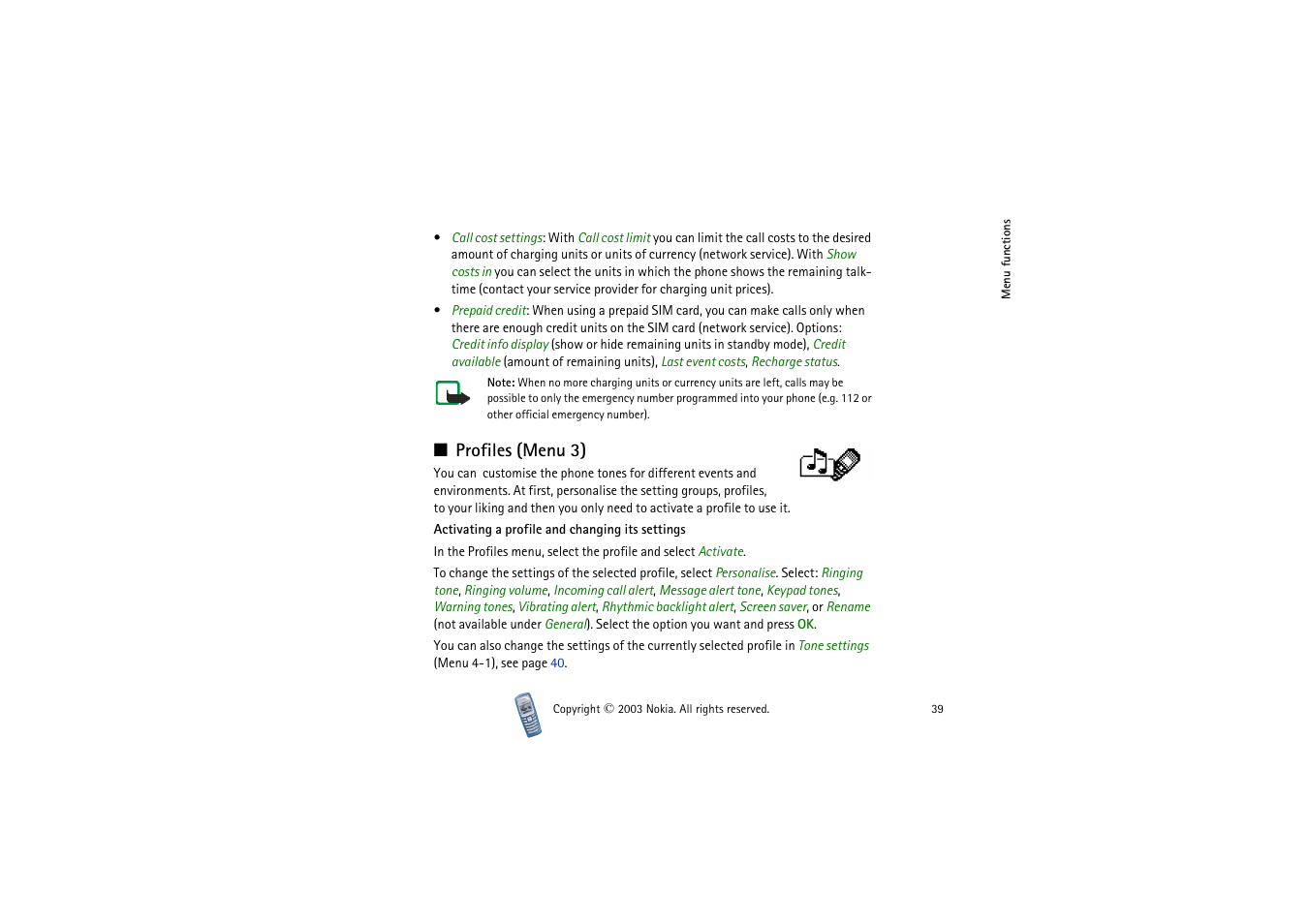 Profiles, Profiles (menu 3) | Nokia 2100 User Manual | Page 39 / 63