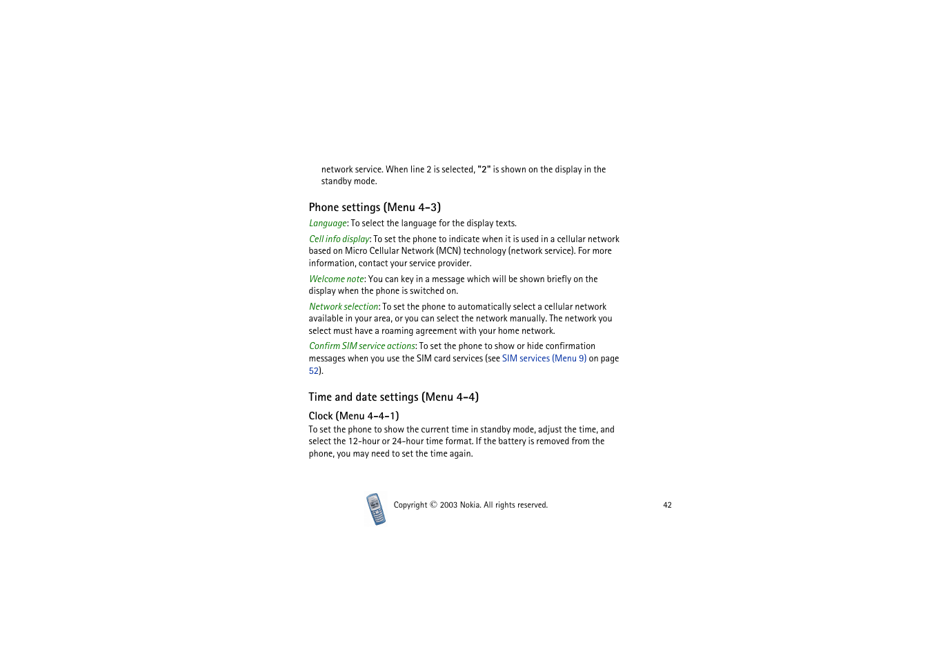 Phone settings, Time and date settings (menu 4-4), Clock | Clock (menu 4-4-1) | Nokia 2100 User Manual | Page 42 / 63