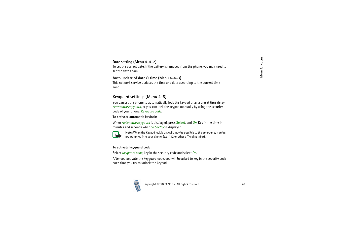 Date setting, Auto update of date & time, Keyguard settings | Keyguard settings (menu 4-5), Iod of time. refer to, When the | Nokia 2100 User Manual | Page 43 / 63