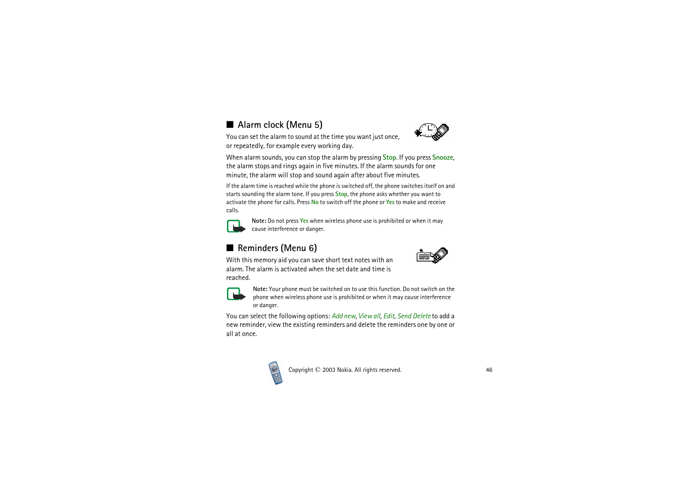 Alarm clock, Reminders, Alarm clock (menu 5) reminders (menu 6) | Nokia 2100 User Manual | Page 46 / 63