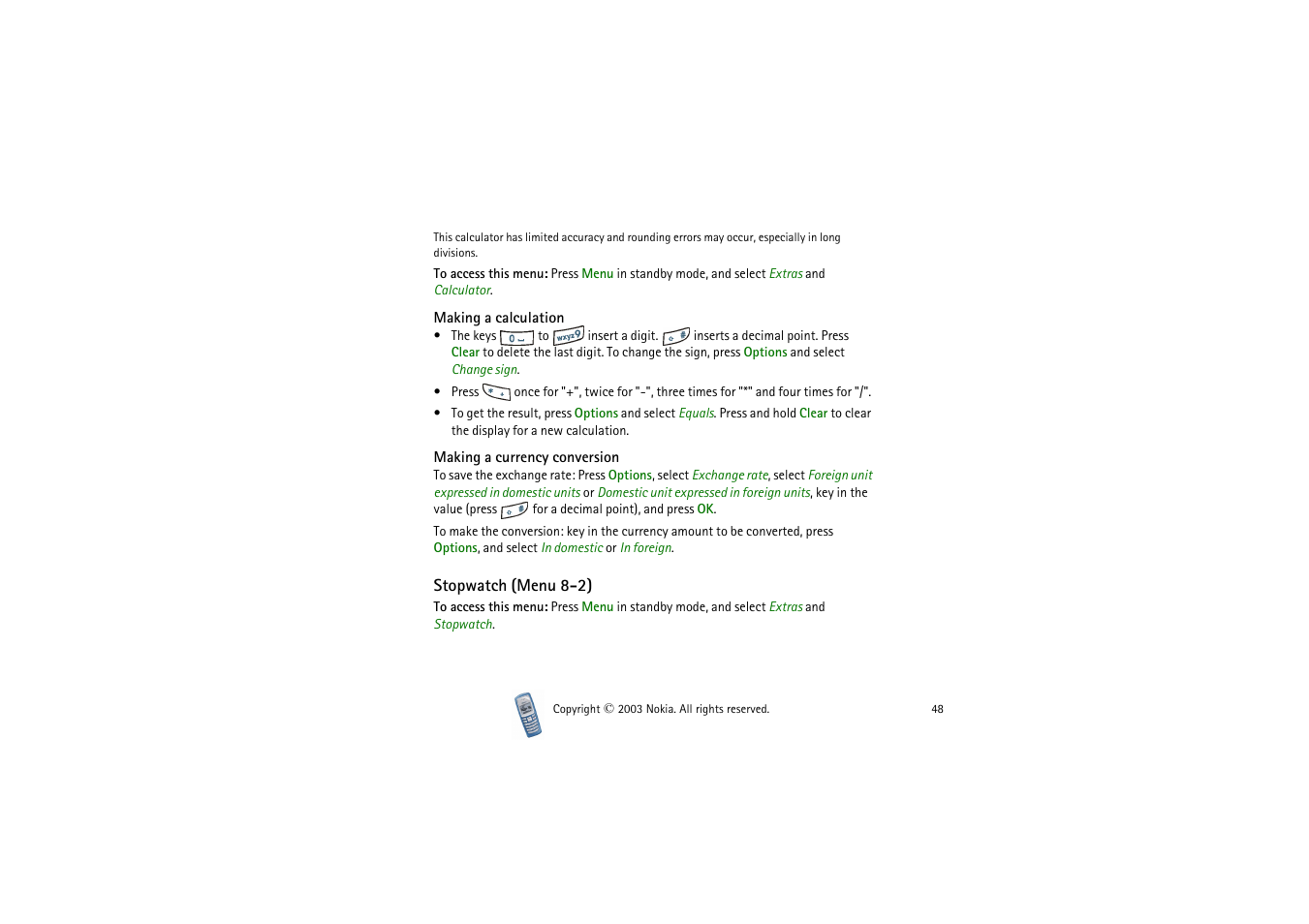 Making a calculation, Making a currency conversion, Stopwatch | Making a calculation making a currency conversion, Stopwatch (menu 8-2) | Nokia 2100 User Manual | Page 48 / 63