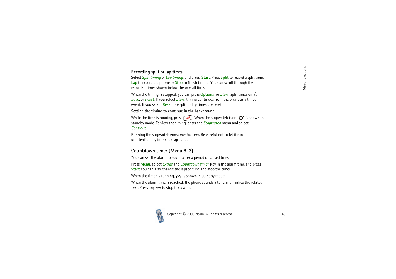 Recording split or lap times, Countdown timer, Countdown timer (menu 8-3) | Nokia 2100 User Manual | Page 49 / 63