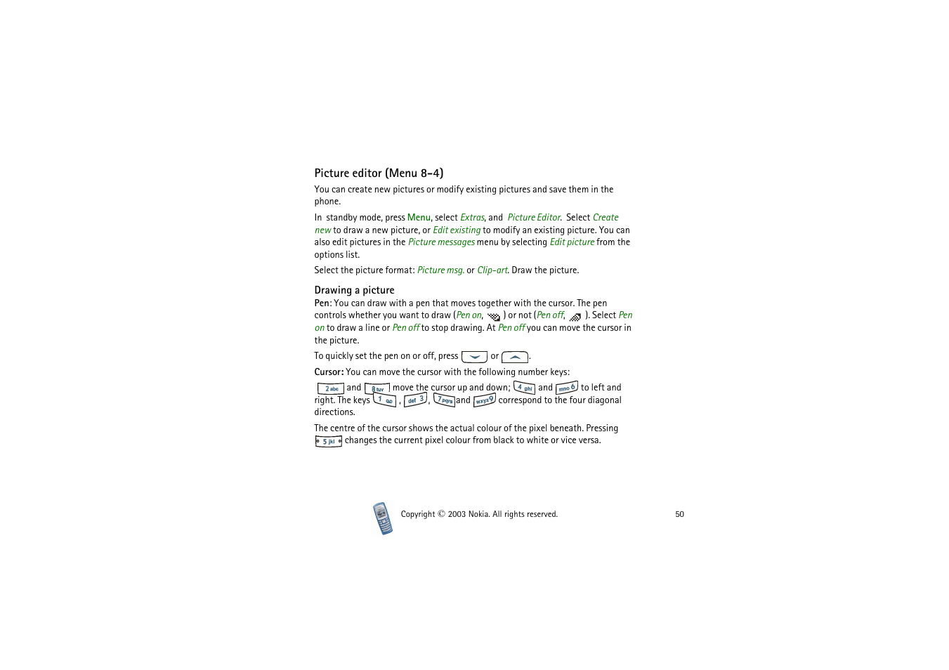 Picture editor, Drawing a picture, Picture editor (menu 8-4) | Refer to, Menu 8-4), Or select | Nokia 2100 User Manual | Page 50 / 63