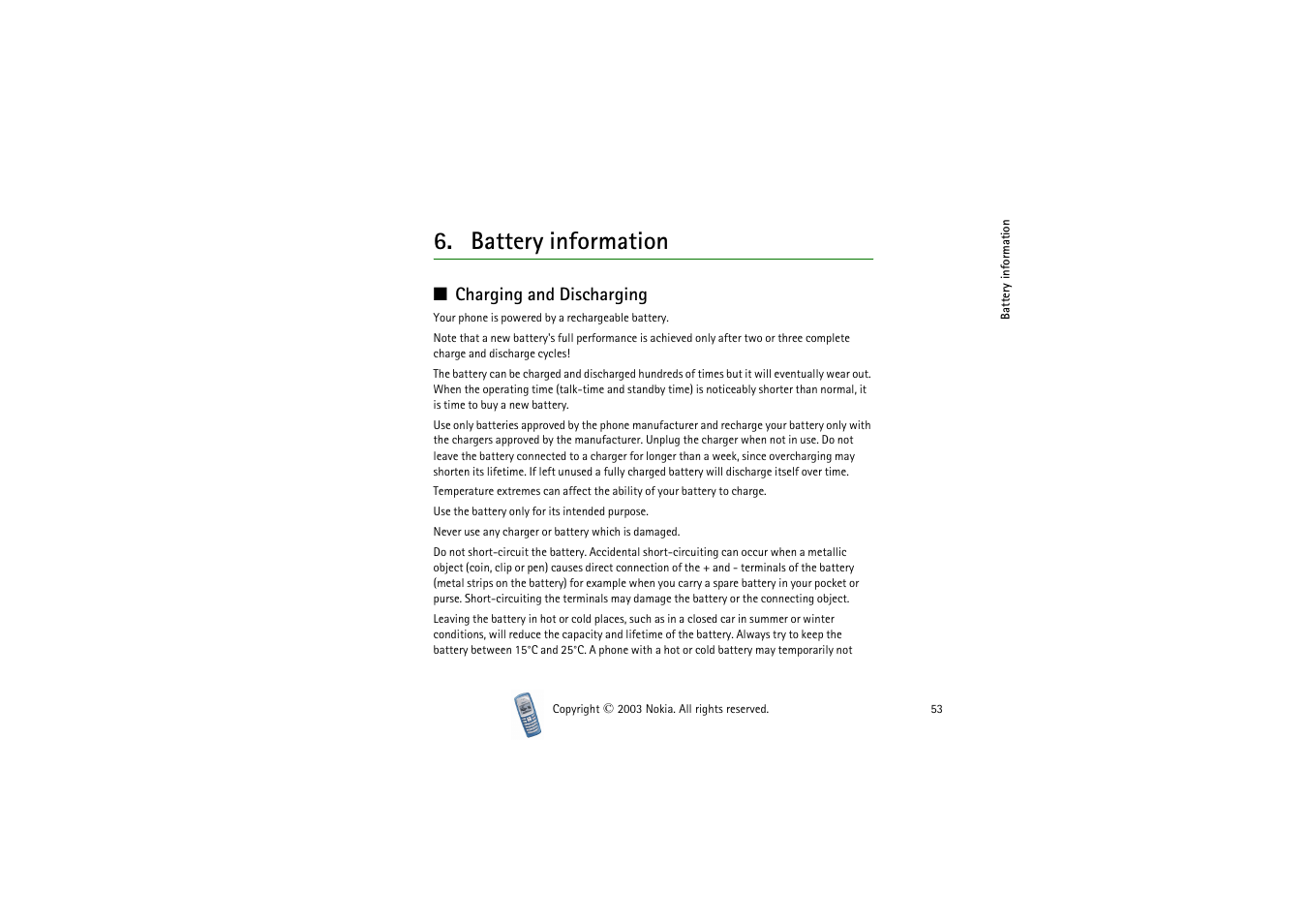 Battery information, Charging and discharging | Nokia 2100 User Manual | Page 53 / 63