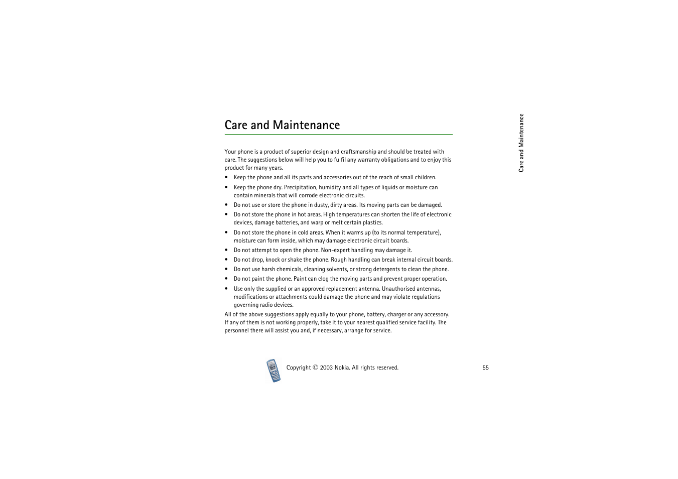 Care and maintenance | Nokia 2100 User Manual | Page 55 / 63