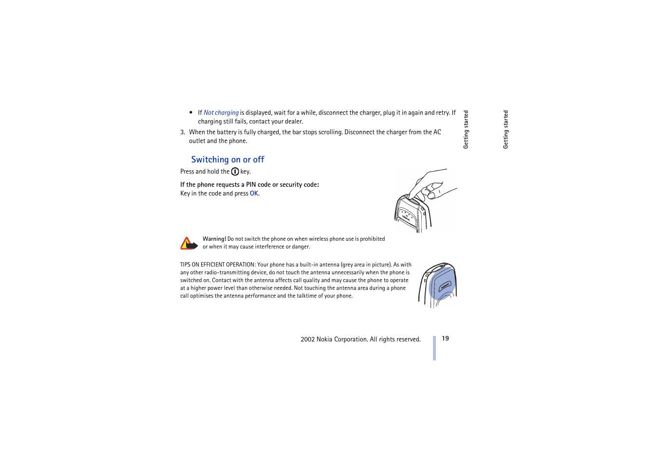 Switching on or off | Nokia 3410 User Manual | Page 19 / 89