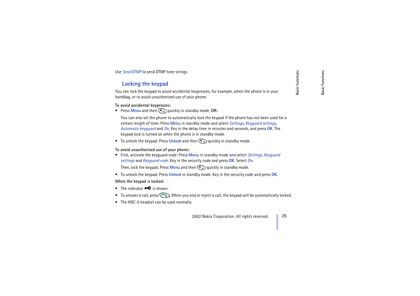 Locking the keypad | Nokia 3410 User Manual | Page 25 / 89