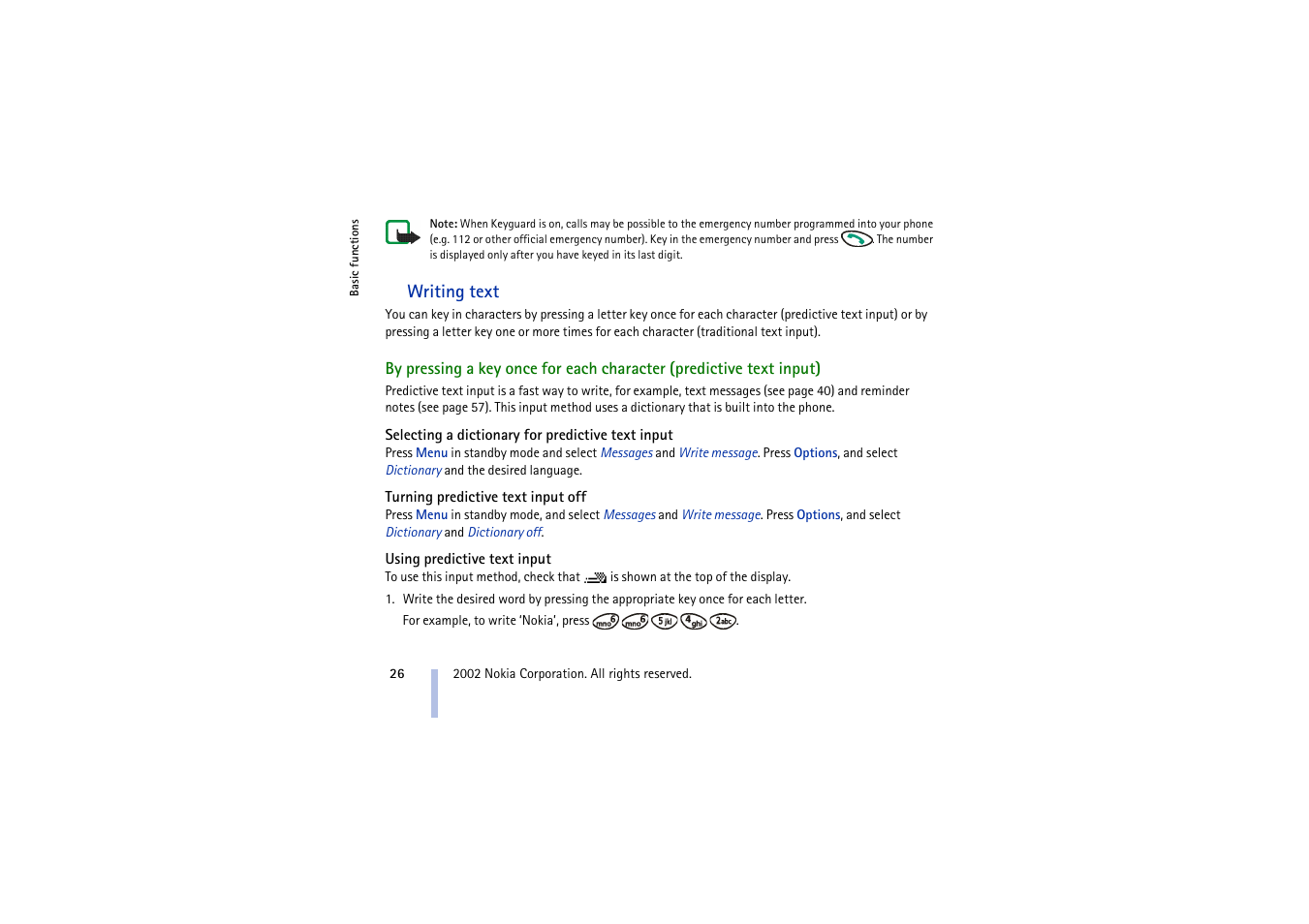 Writing text, Selecting a dictionary for predictive text input, Turning predictive text input off | Using predictive text input | Nokia 3410 User Manual | Page 26 / 89