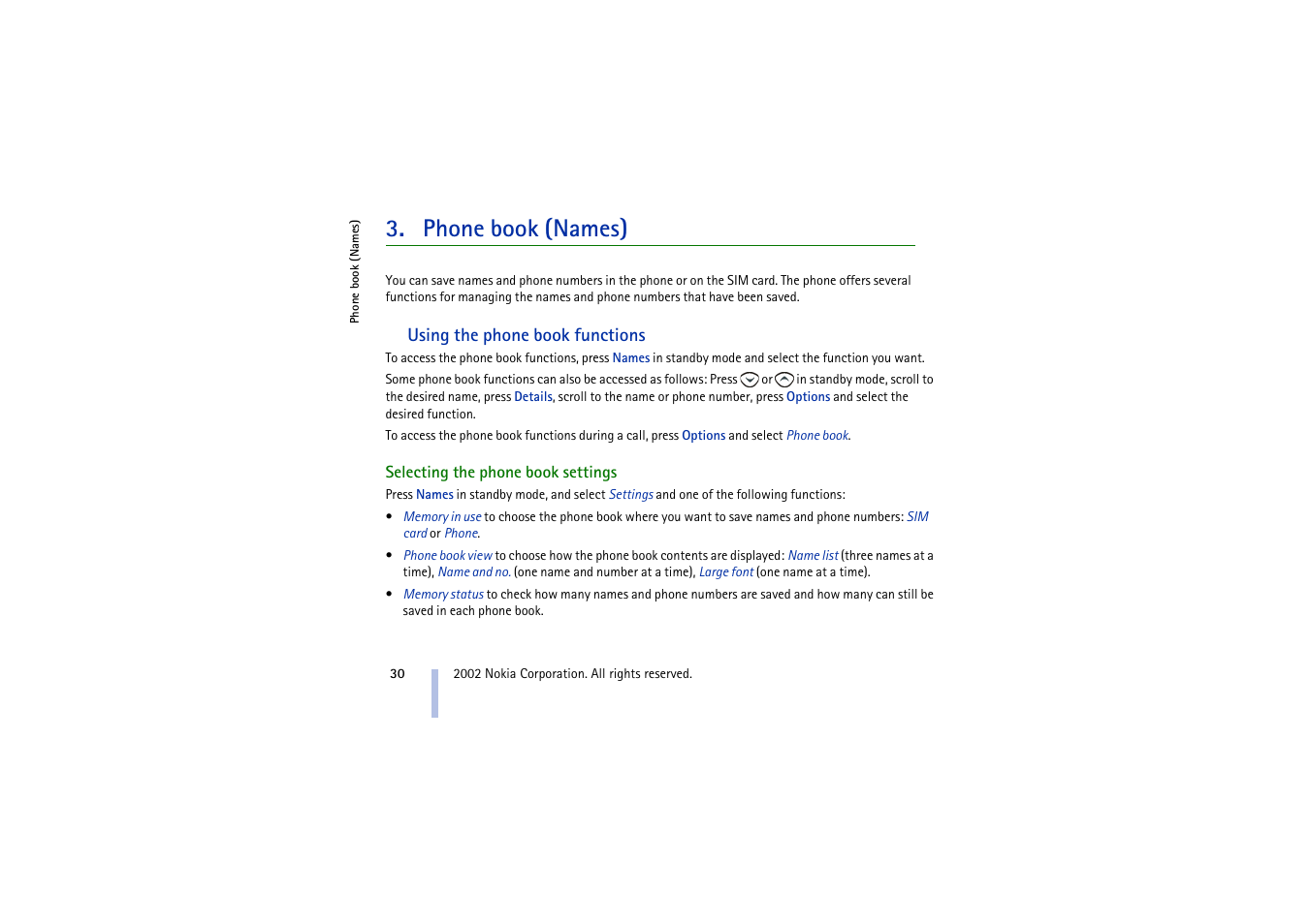 Phone book, Using the phone book functions, Selecting the phone book settings | Phone book (names) | Nokia 3410 User Manual | Page 30 / 89