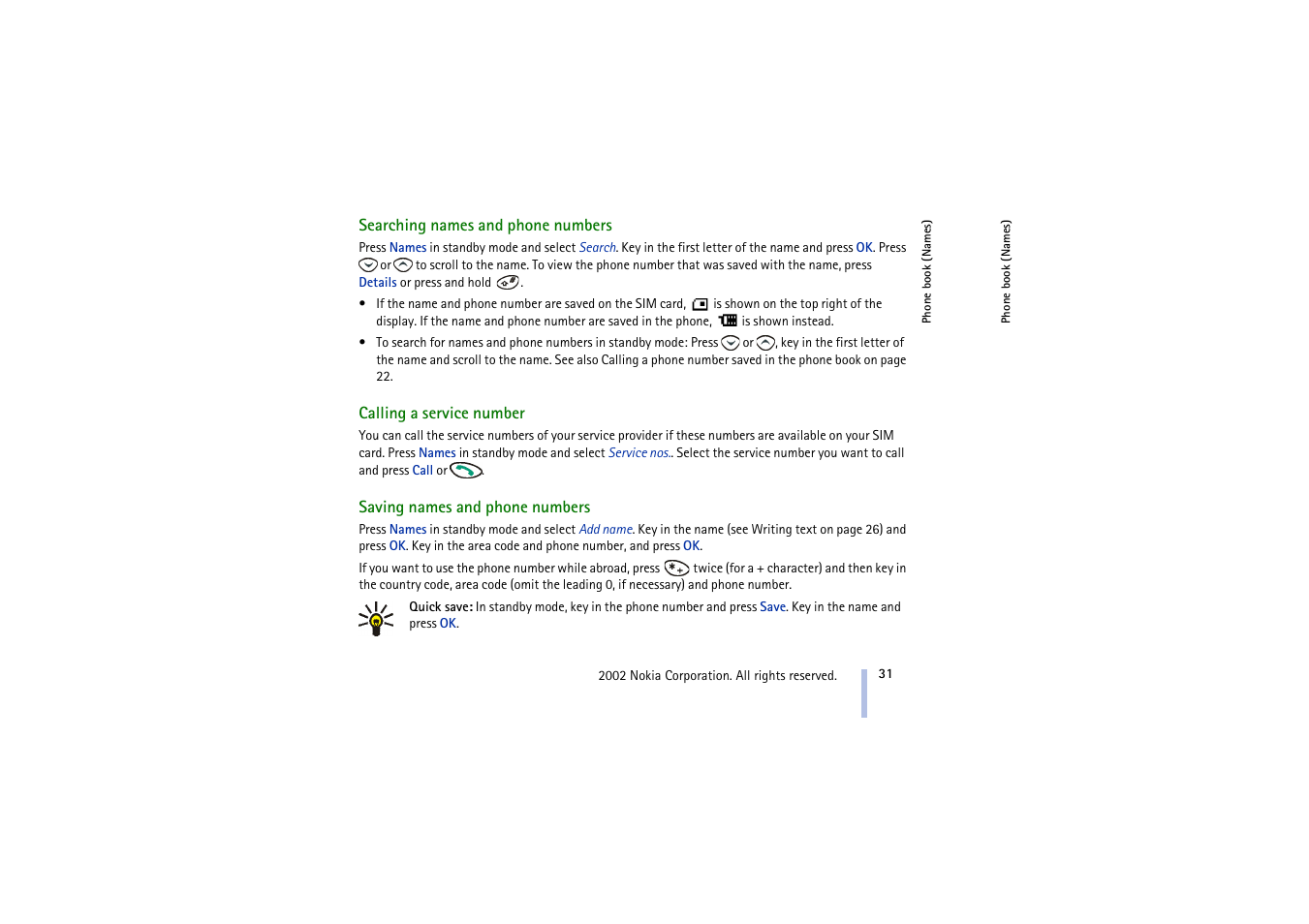 Searching names and phone numbers, Calling a service number, Saving names and phone numbers | Nokia 3410 User Manual | Page 31 / 89