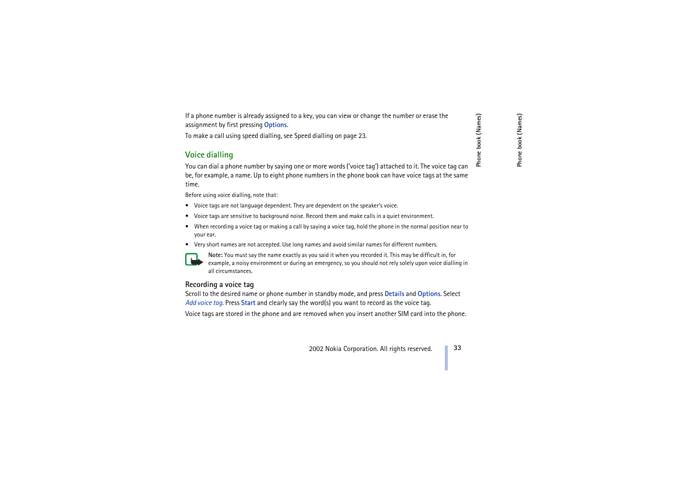 Voice dialling, Recording a voice tag, E voice dialling on | Nokia 3410 User Manual | Page 33 / 89