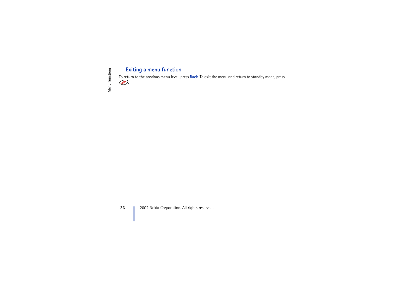 Exiting a menu function | Nokia 3410 User Manual | Page 36 / 89